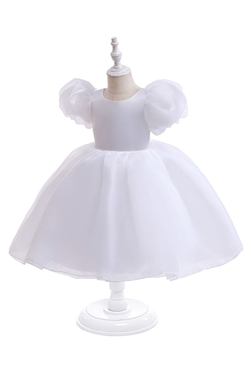 Load image into Gallery viewer, White Tulle A Line Flower Girl Dress with Puff Sleeves