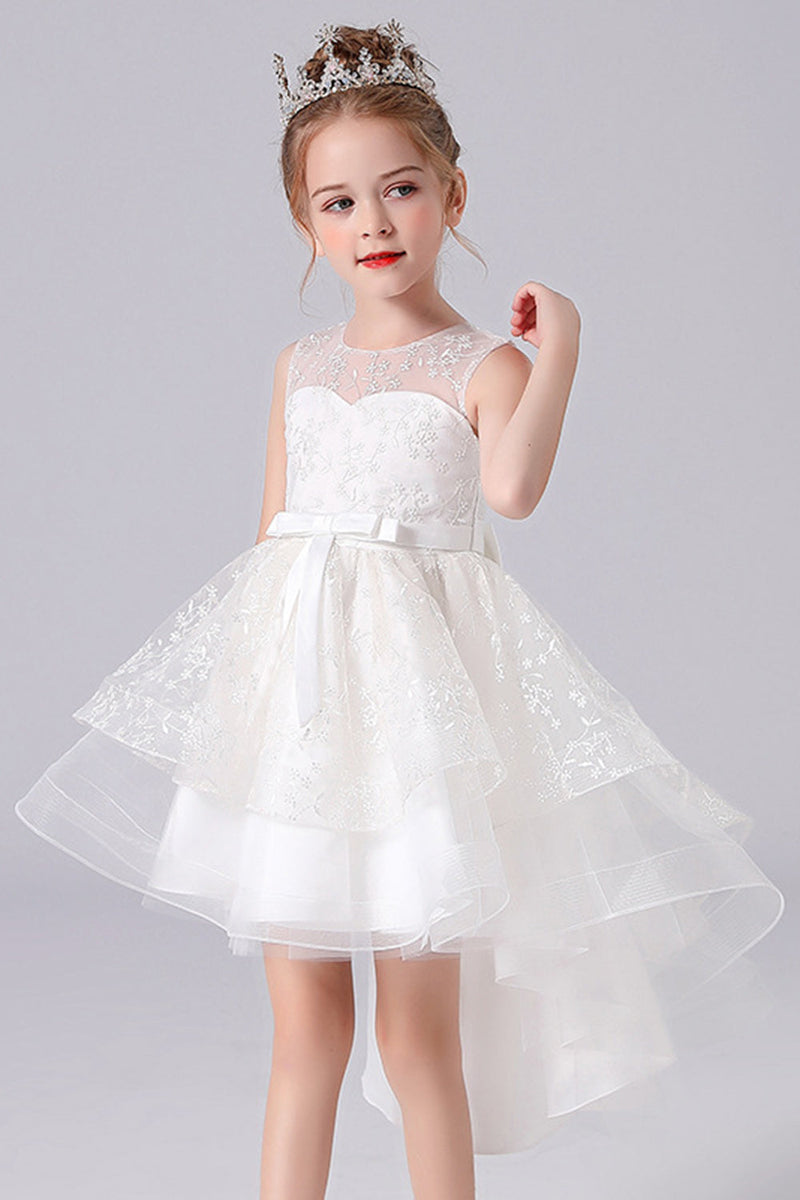 Load image into Gallery viewer, White High-low Flower Girl Dress with Bow