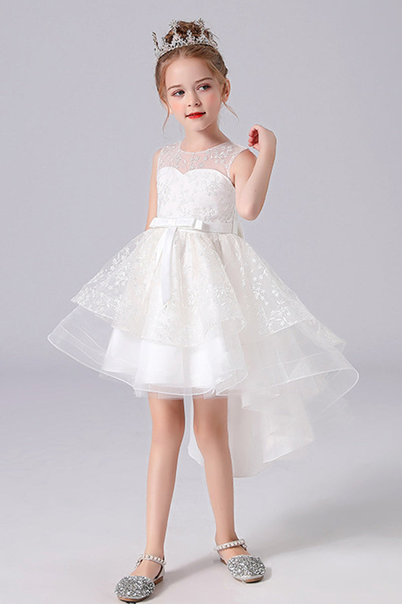 Load image into Gallery viewer, White High-low Flower Girl Dress with Bow