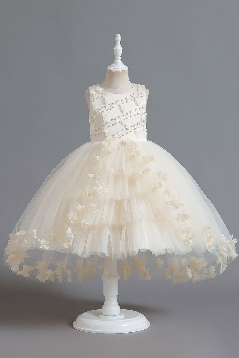 Load image into Gallery viewer, Champagne Beading High Low Butterfly Girls Dresses