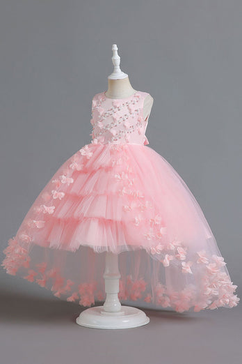 Champagne Beading High Low Butterfly Girls Dresses