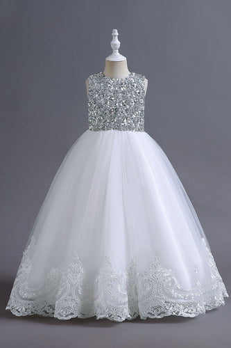 White Sequins Lace A Line Girls Dresses With Bow