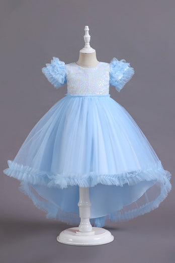 A Line Tulle Pink Sequins Puff Sleeves Girls Dresses With Bow