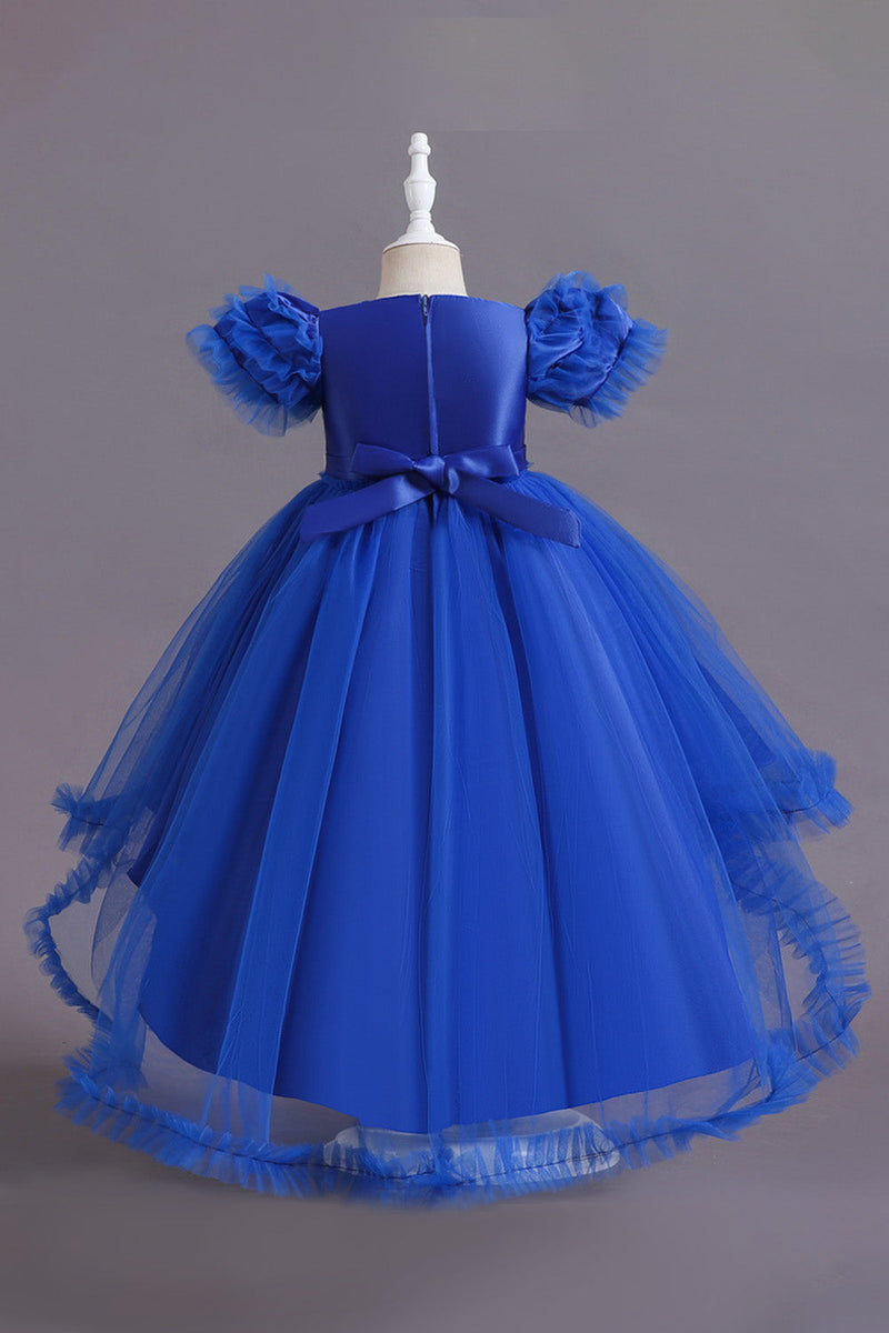 Load image into Gallery viewer, A Line Tulle Pink Sequins Puff Sleeves Girls Dresses With Bow