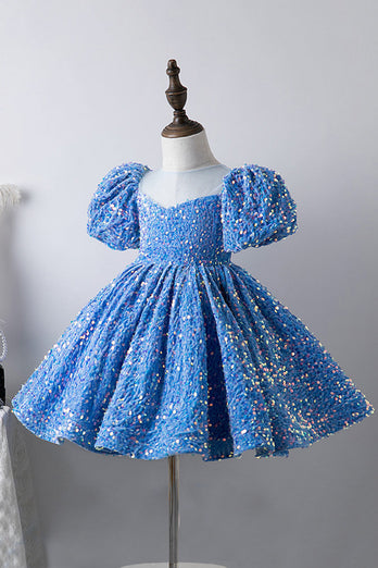 Blue A Line Puff Sleeves Sequins Girls Dresses