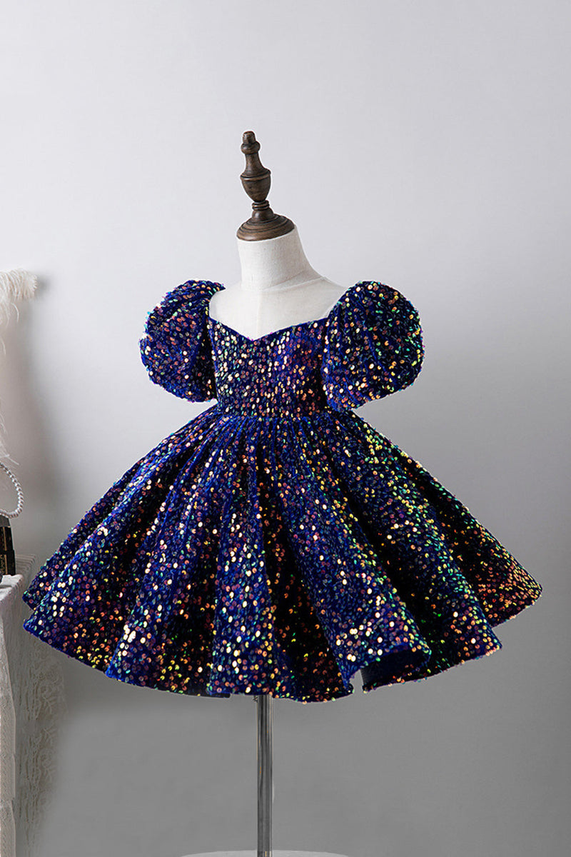 Load image into Gallery viewer, Blue A Line Puff Sleeves Sequins Girls Dresses