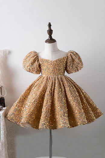 Blue A Line Puff Sleeves Sequins Girls Dresses