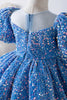 Load image into Gallery viewer, Blue A Line Puff Sleeves Sequins Girls Dresses