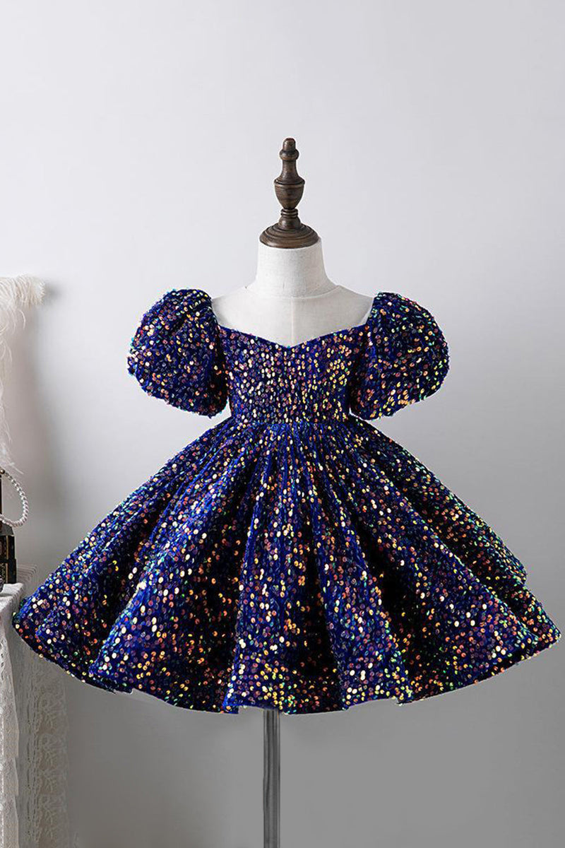 Load image into Gallery viewer, Blue A Line Puff Sleeves Sequins Girls Dresses