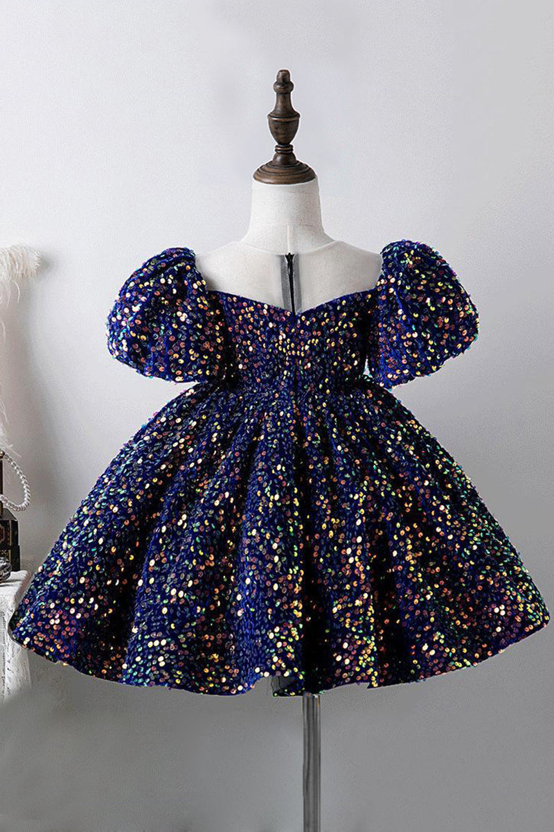 Load image into Gallery viewer, Blue A Line Puff Sleeves Sequins Girls Dresses