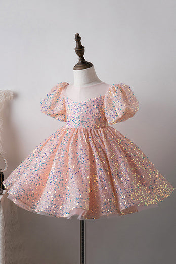 Blue A Line Puff Sleeves Sequins Girls Dresses