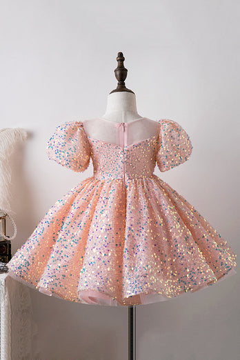 Blue A Line Puff Sleeves Sequins Girls Dresses