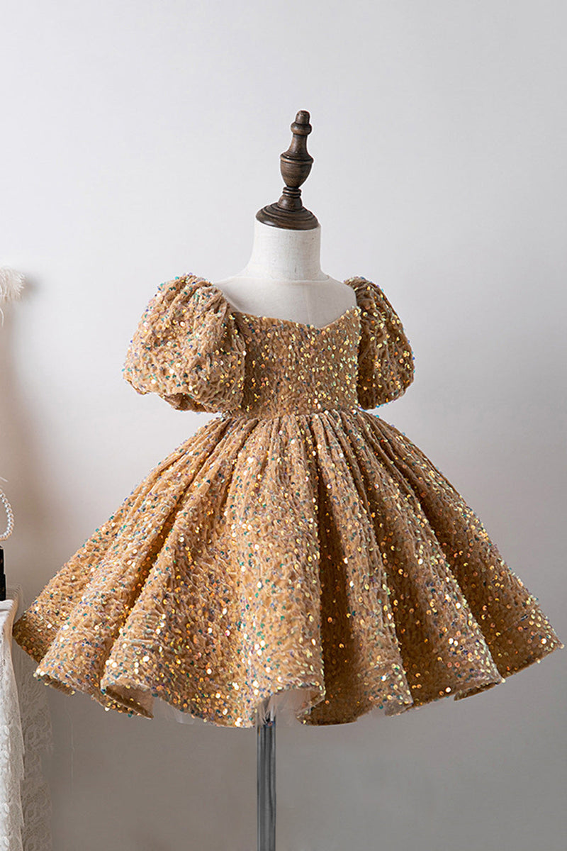 Load image into Gallery viewer, Blue A Line Puff Sleeves Sequins Girls Dresses