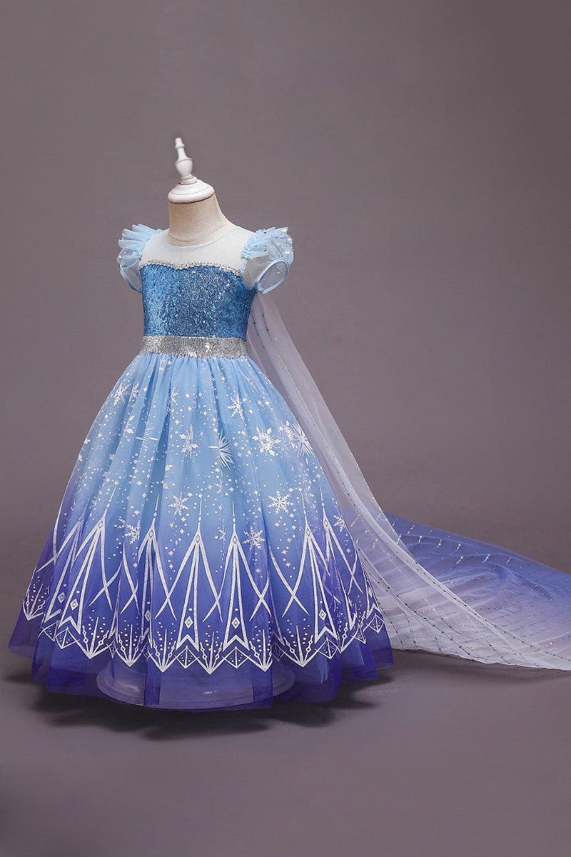 Load image into Gallery viewer, A Line Blue Puff Sleeves Sequins Girls Dresses