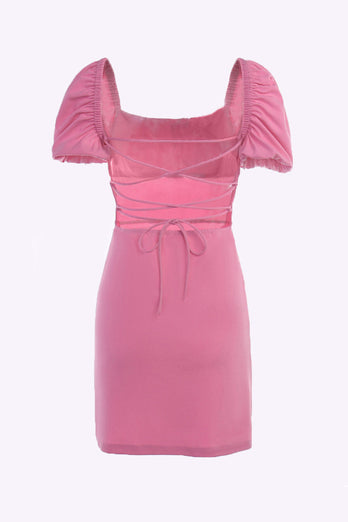 Puff Sleeves Bodycon Pink Party Dress