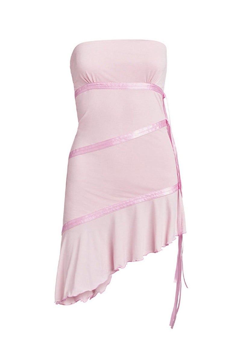 Load image into Gallery viewer, Strapless Asymmetrical Ruffles Pink Cocktail Party Dress