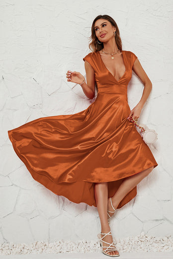 Red Deep V-neck Cap Sleeves Party Dress