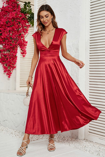 Red Deep V-neck Cap Sleeves Party Dress