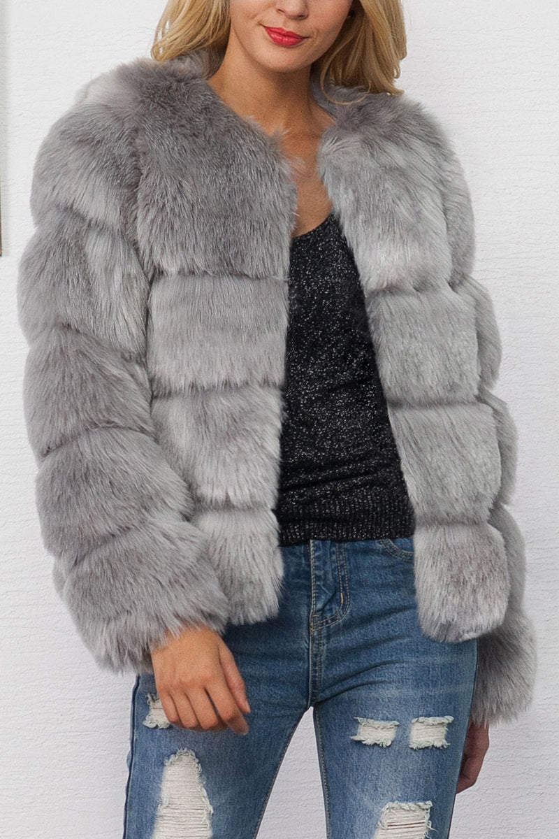 Load image into Gallery viewer, Grey Shawl Lapel Cropped Women Faux Fur Coat