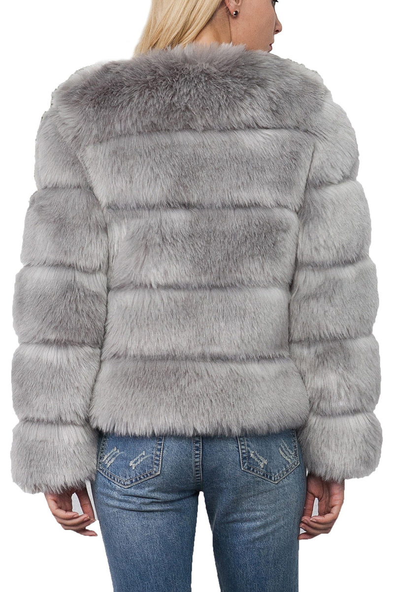 Load image into Gallery viewer, Grey Shawl Lapel Cropped Women Faux Fur Coat