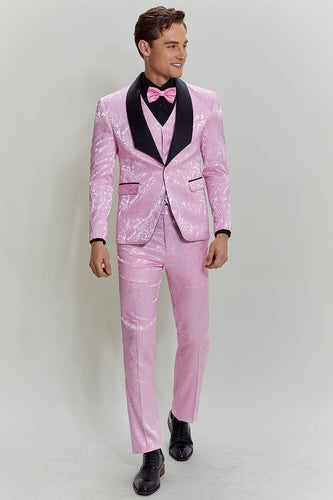 Pink Jacquard Satin Shawl Lapel 3 Piece Men's Prom Suits