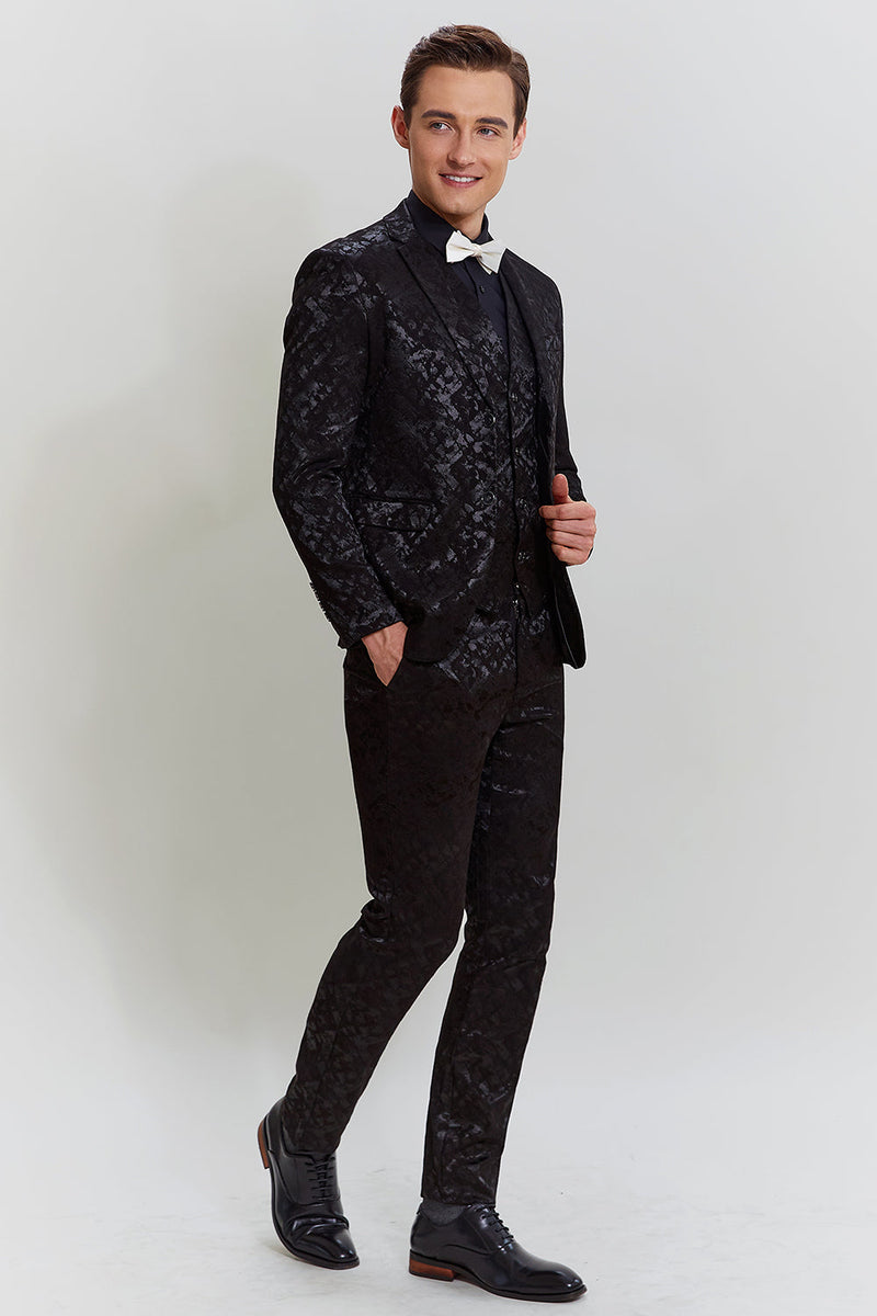 Load image into Gallery viewer, Men&#39;s Black 3-piece Jacquard Jacket Vest Pants Suit