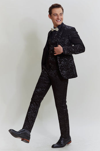 Men's Black 3-piece Jacquard Jacket Vest Pants Suit