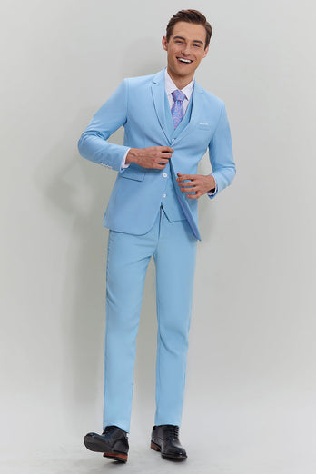 Sky Blue 3 Piece Notched Lapel Men's Modern Fit Suit