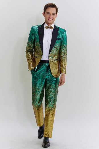 Gold Green Men's 2 Piece Notched Lapel Sequins Suits