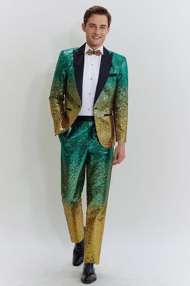 Load image into Gallery viewer, Gold Green Men&#39;s 2 Piece Notched Lapel Sequins Suits