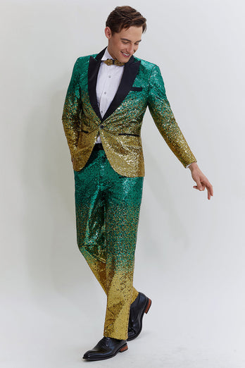 Gold Green Men's 2 Piece Notched Lapel Sequins Suits