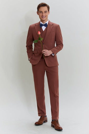 Tan Notched Lapel 3 Piece Single Breasted Party Suits