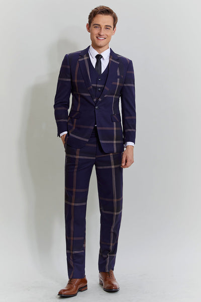 Men's 3 Piece One Button Navy Plaid Tuxedo