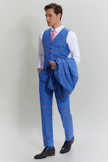 Blue Plaid Men's 3 Piece Tuxedo Suits