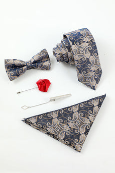 Navy Men's Jacquard 5-Piece Accessory Set Tie and Bow Tie Pocket Square Flower Lapel Pin Tie Clip