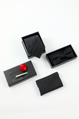 Black Stripe Men's 5-Piece Accessory Set Tie and Bow Tie Pocket Square Flower Lapel Pin Tie Clip