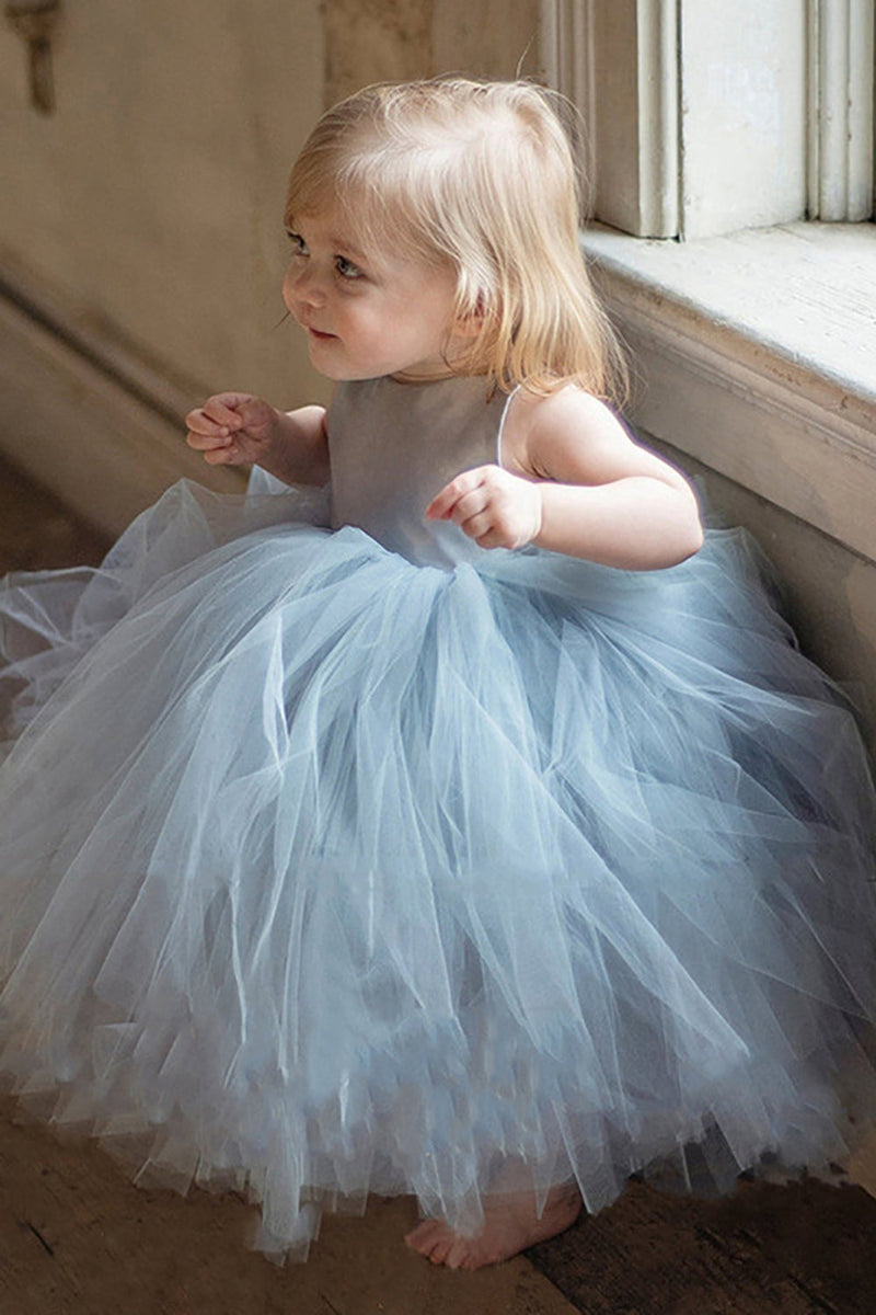 Load image into Gallery viewer, Tulle Light Blue Sleeveless Flower Girl Dress