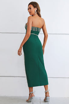 Dark Green Strapless Semi Prom Dress with Slit