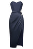 Load image into Gallery viewer, Navy Strapless Satin Bodycon Cocktail Dress with Slit