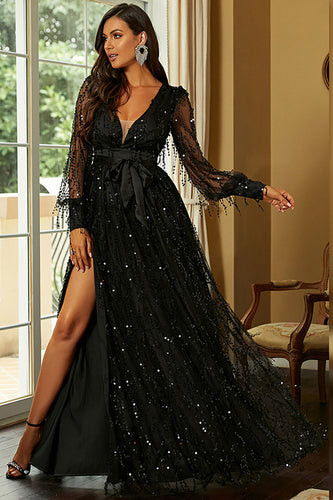 Black A-Line Sparkly V-Neck Prom Dress With Slit