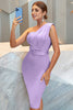 Load image into Gallery viewer, Lilac One Shoulder Ruched Bodycon Cocktail Dress With Belt