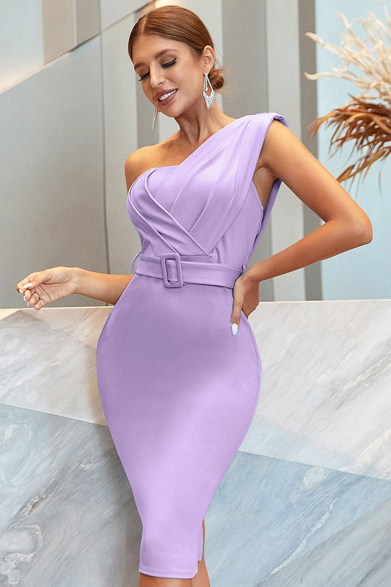 Load image into Gallery viewer, Lilac One Shoulder Ruched Bodycon Cocktail Dress With Belt