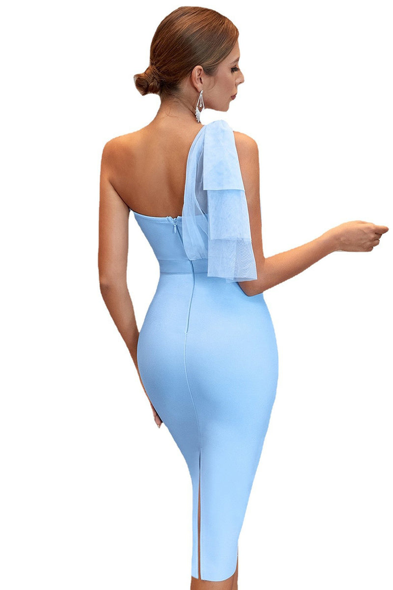 Load image into Gallery viewer, One Shoulder Blue Tight Cocktail Dress with Slit