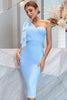 Load image into Gallery viewer, One Shoulder Blue Tight Cocktail Dress with Slit