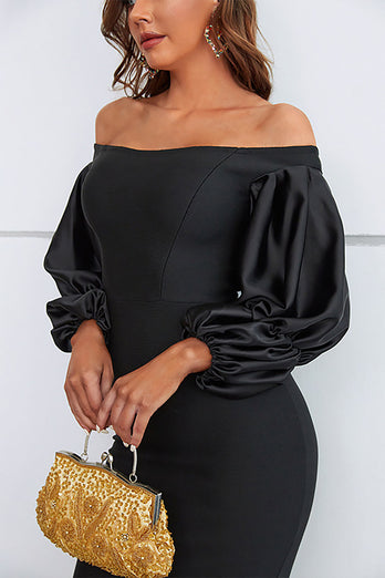 Mermaid Off The Shoulder Black Prom Dress with Puff Sleeves