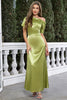 Load image into Gallery viewer, Satin Short Sleeves Matcha Prom Dress