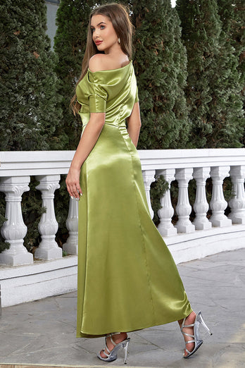 Satin Short Sleeves Matcha Prom Dress