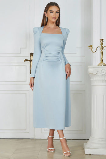 Long Sleeves Sky Blue Formal Dress with Ruffles