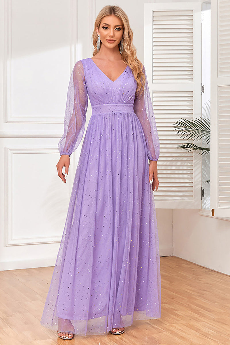 Load image into Gallery viewer, A-Line Long Sleeves Lilac Formal Dress with Slit