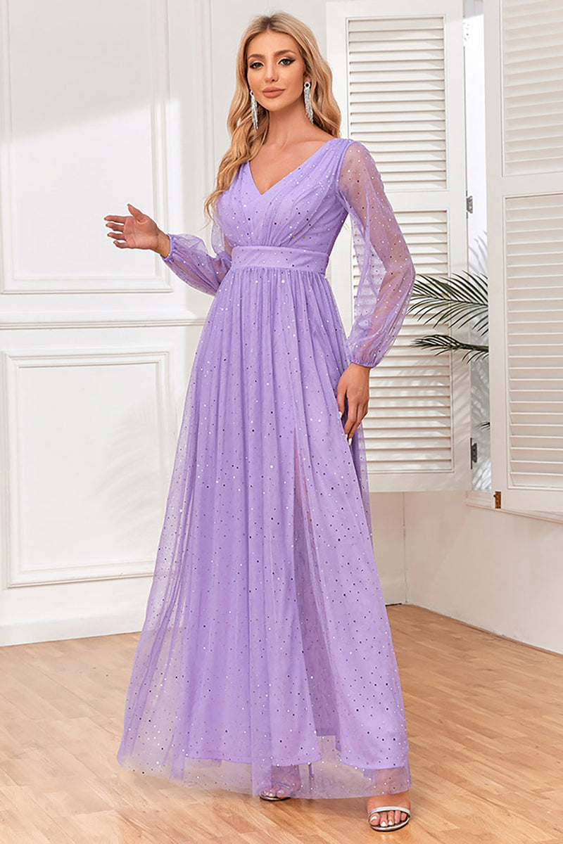 Load image into Gallery viewer, A-Line Long Sleeves Lilac Formal Dress with Slit